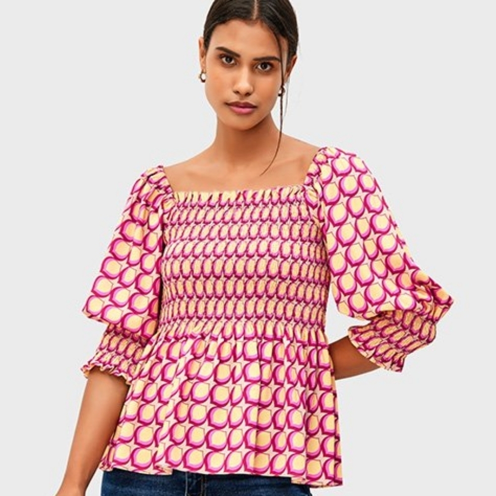 Eshakti Zapelle Graphic Petal Print Crepe Smocked Peplum Top Size 4X Puff Sleeve